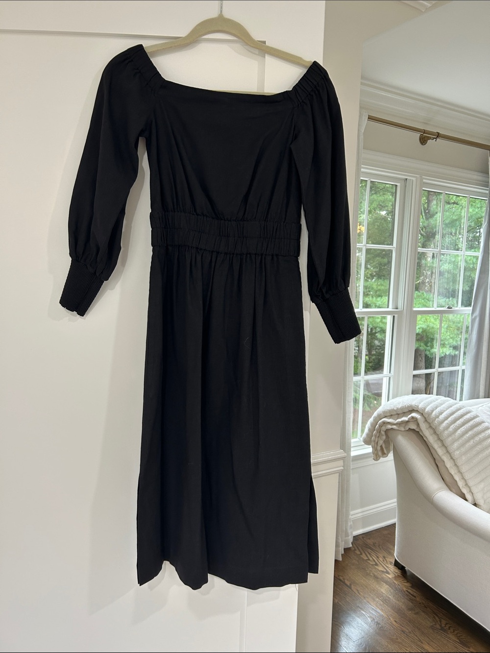 ME+EM Black Off-Shoulder Long-Sleeve Midi Dress